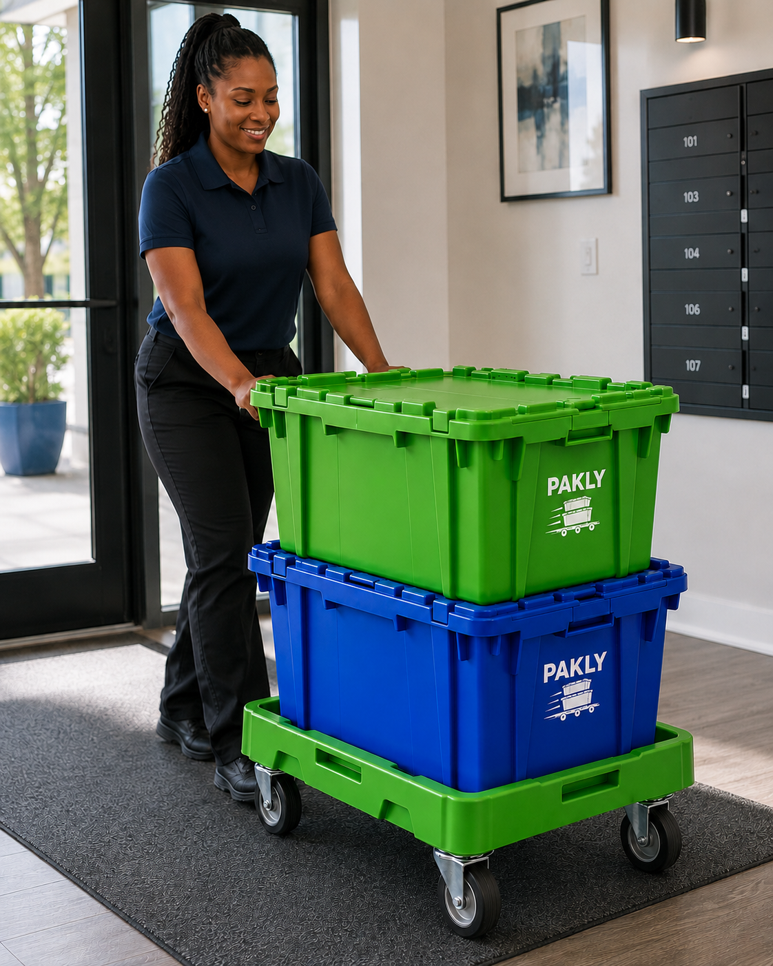 PAKLY team member pushing reusable moving bins on a fitted tote dolly
